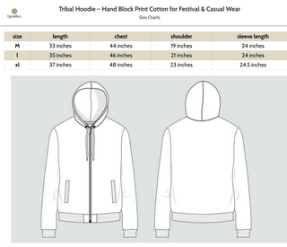 Tribal hoodie size chart: M 33/44/19/24, L 35/46/21/24, XL 37/48/23/24.5 inches length chest shoulder sleeve