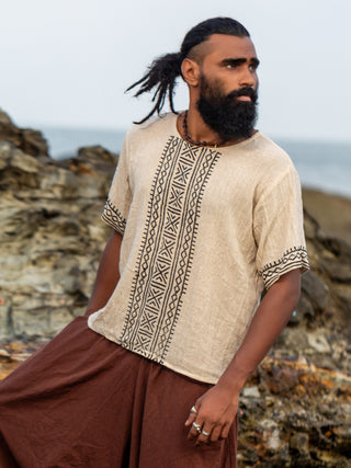 Close-up of the Tribal T-Shirt hand block printed tribal motif and round neckline