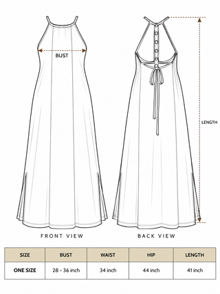 Trishika Maxi Dress size chart: one size, bust 28 to 36 inches, waist 34, hip 44, length 41 inches