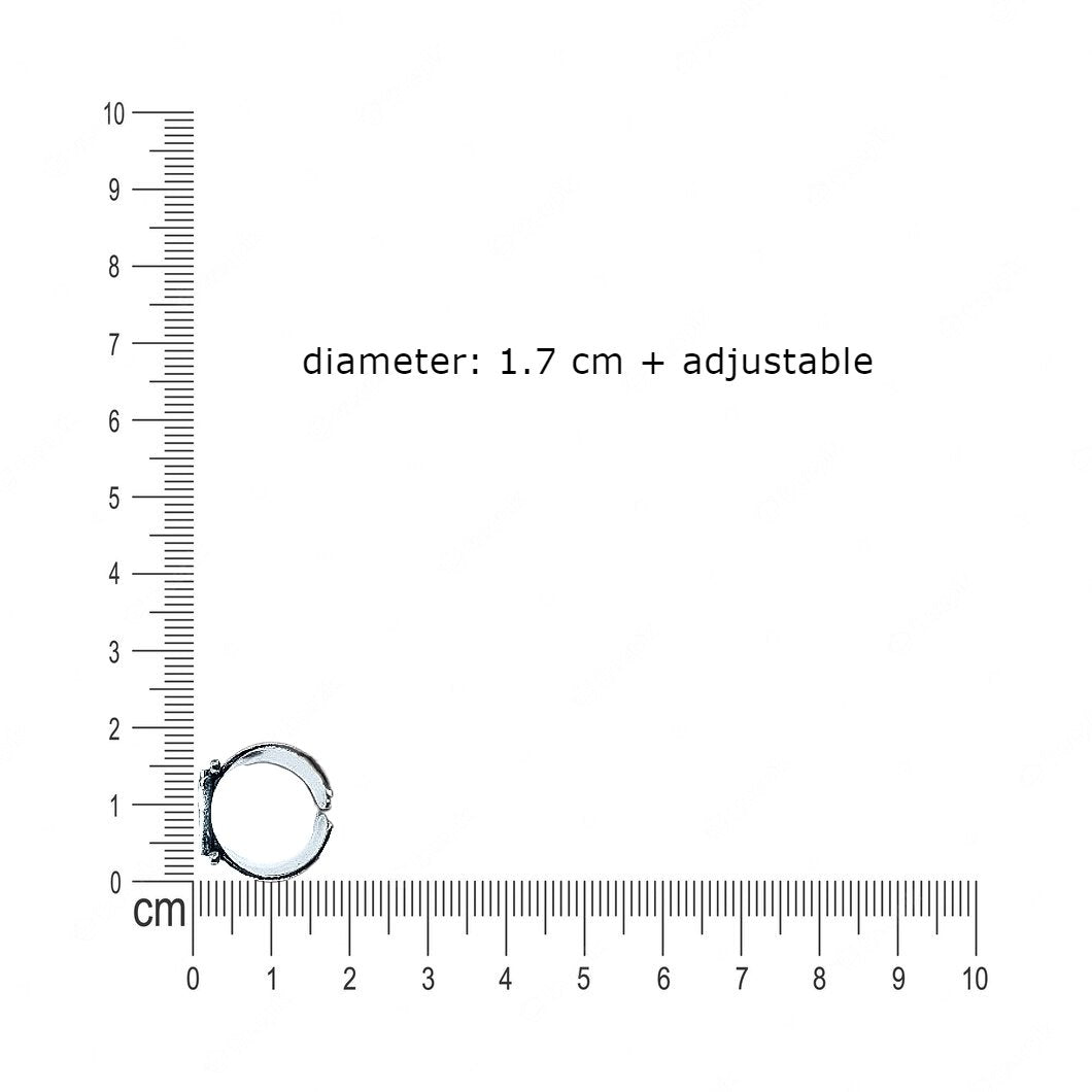 Flat product shot of the Tuareg nickel silver ring against a ruler, showing its 1.7 cm adjustable diameter