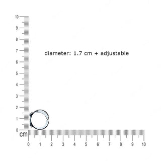 Flat product shot of the Tuareg nickel silver ring against a ruler, showing its 1.7 cm adjustable diameter