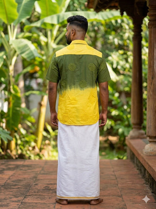 Vanam Shirt back view showing yellow shoulder yoke and hand block print across olive to mustard ombré
