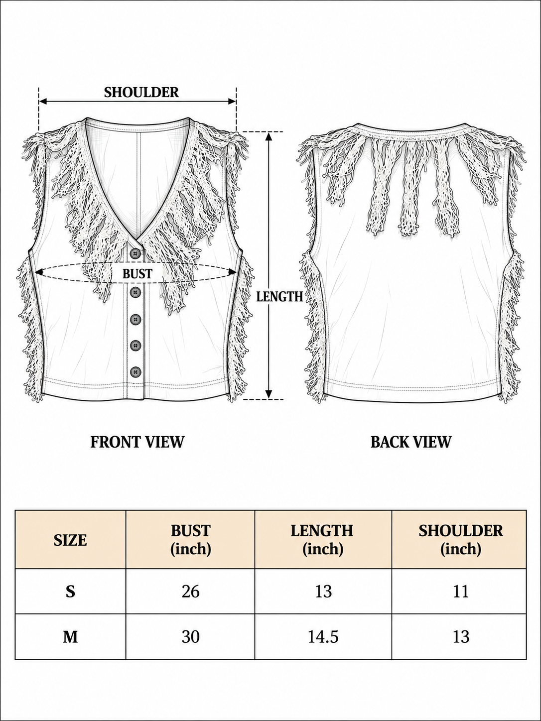 Vanja Top size chart: S bust 26 inch length 13 inch shoulder 11 inch; M bust 30 inch length 14.5 inch shoulder 13 inch