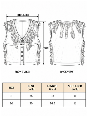 Vanja Top size chart: S bust 26 inch length 13 inch shoulder 11 inch; M bust 30 inch length 14.5 inch shoulder 13 inch