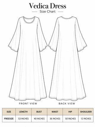 Vedica Dress free size size chart, women's white om print cotton maxi measurements