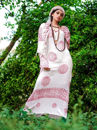 White cotton gauze om print maxi dress for women, front view with red mantra motifs