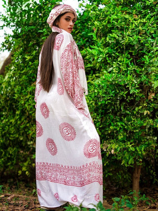White om print cotton maxi dress for women, back view with flowing long sleeves
