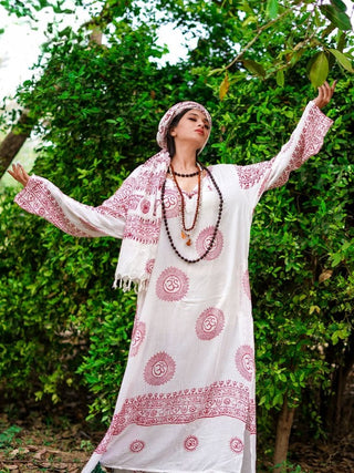 Vedica white maxi dress with red om print and flowing bell sleeves, boho style