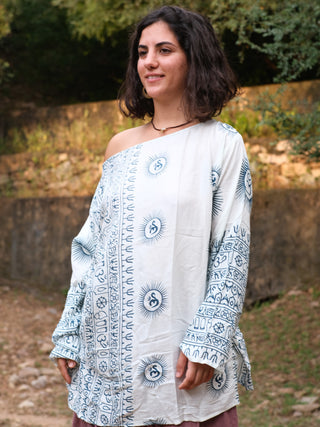 White and blue Om print kurta with a wide boat neckline and long printed sleeves