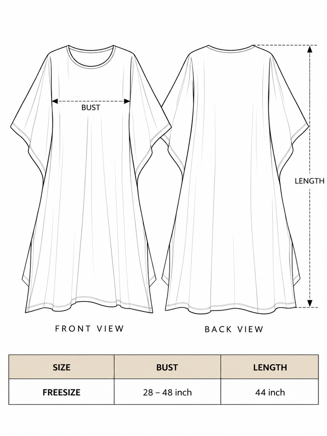 Yaja Kaftan size chart: free size fits bust 28 to 48 inches, length 44 inches, with front and back views