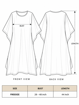 Yaja Kaftan size chart: free size fits bust 28 to 48 inches, length 44 inches, with front and back views