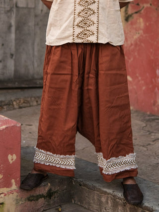 Brown Yogi Palazzo Pants, front close view showing the flowing drop crotch cut