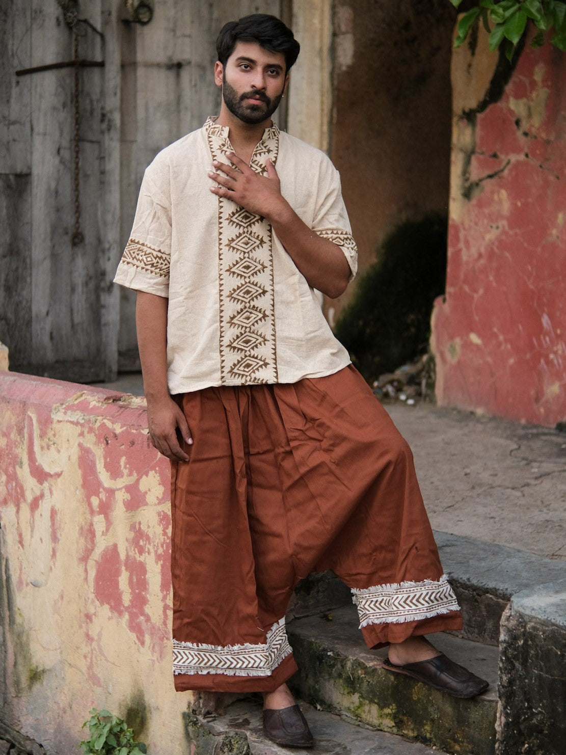 Brown Yogi Palazzo Pants, full body front view styled with a block print shirt