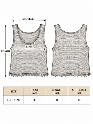 Zar Top size chart, one size: bust 38 inches, length 16 inches, shoulder 15 inches