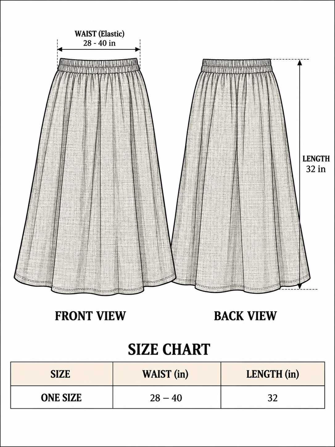 Zarra skirt size chart, one size, stretch waist 28-40 in, length 32 in, front and back views