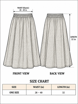 Zarra skirt size chart, one size, stretch waist 28-40 in, length 32 in, front and back views